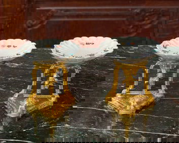 Pair of Louis XV Gilt-Bronze Trefoil Stands Mounted with Chantilly Porcelain Fluted Dishes