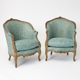 A Pair of Louis XV Carved and Painted Bergères