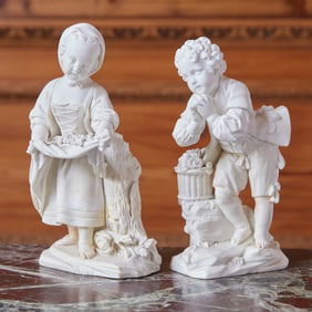 Matched Pair of Sèvres Biscuit Porcelain Figures 'La Petite Fille Au Tablier' & 'Le Jeune Suppl