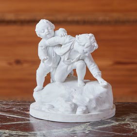 Luneville Biscuit Figure Group of Two Boys at Play