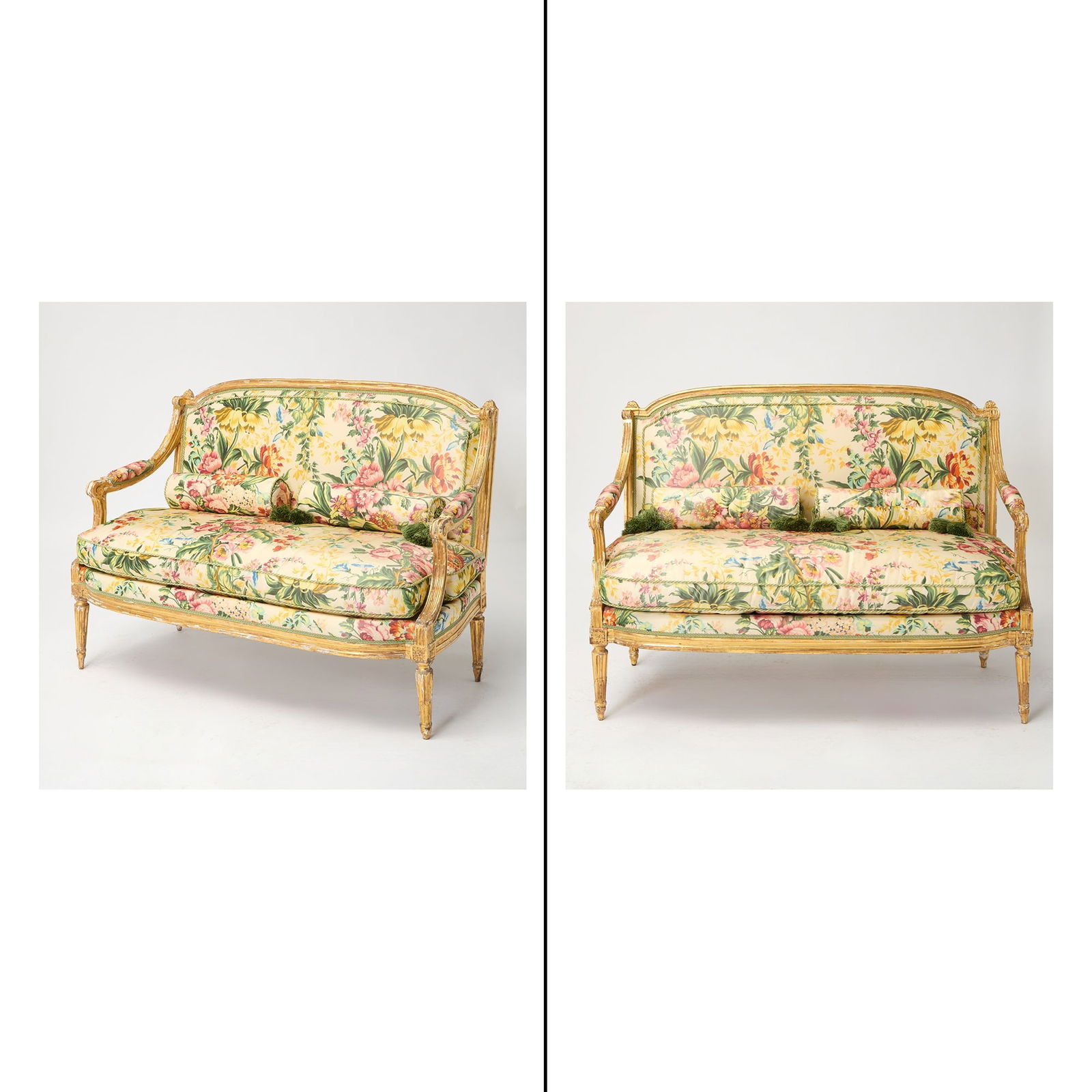 Pair of Louis XVI Giltwood Canapés, one stamped Delaporte: Circa 1780 Each arched channeled back above a squab cushion flanked by padded arms on fluted supports, on stop-fluted tapering legs headed by paterae; one stamped to inside of back seat-rail DELAPORTE