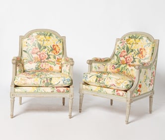 Pair of Louis XVI Painted Bergères, probably by Claude Chevigny