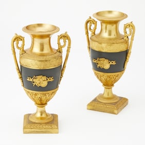 Pair of Louis XVI Style Twin-Handled Gilt and Patinated Bronze Urns