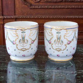 Pair of Paris Porcelain Monogrammed Bottle Coolers (Seaux a Bouteilles)