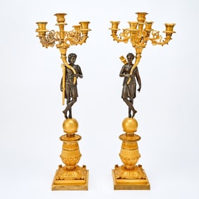 Pair of Empire Gilt and Patinated Bronze Figural Five-Light Candelabra