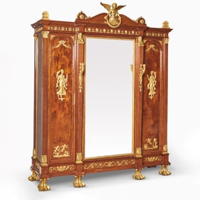 Late Empire Gilt-Bronze Mounted Plum-Pudding Mahogany Mirrored Three-Door Armoire