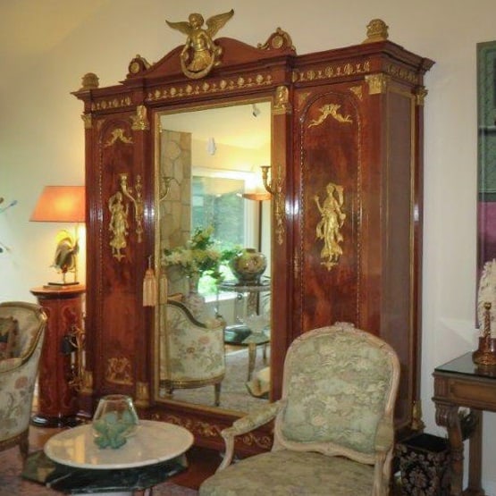 Late Empire Gilt-Bronze Mounted Plum-Pudding Mahogany Mirrored Three-Door Armoire (1 of 10)