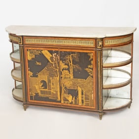 Louis XVI Style Gilt-Bronze Mounted Lacquer, Ebonized, Amaranth and Satinwood Inlaid Commode a