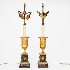 Pair of Empire Style Gilt-Bronze and Verde Antico Marble Table Lamps