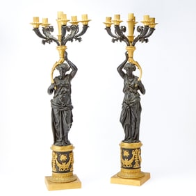Pair of Large Empire Style Gilt and Patinated Bronze Six-Light Candelabra