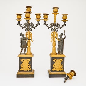 Pair of Empire Style Gilt and Patinated Bronze Figural Six-Light Candelabra