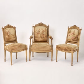 Pair Louis XVI Style Upholstered Carved Giltwood Side Chairs