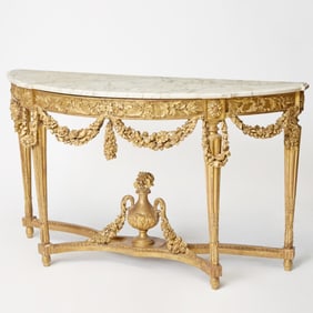 Louis XVI Style Demilune Carved Giltwood Console Table