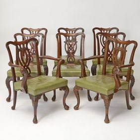 Set of Eight George III Green Leather Upholstered Mahogany Dining Chairs