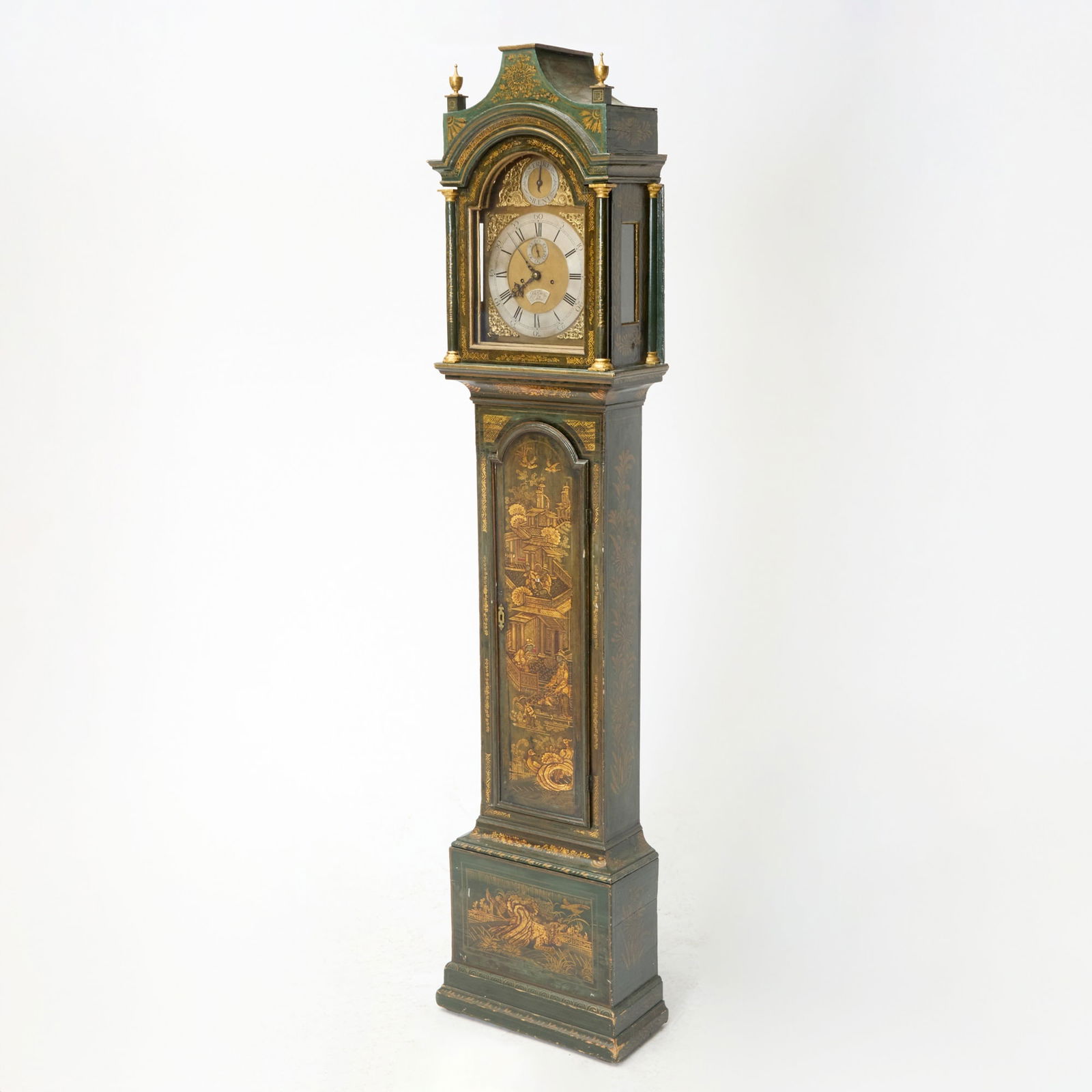 George III Gilt and Green Japanned Longcase Clock: Circa 1780, James Smith, London The case decorated with gilt chinoiserie designs reserved on a green ground, the dial applied with Rococo cherub spandrels, signed on a plaque J AS Smith London , matte