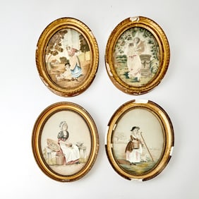 Two Pairs of Late George III Silk Embroidered and Painted Pictures