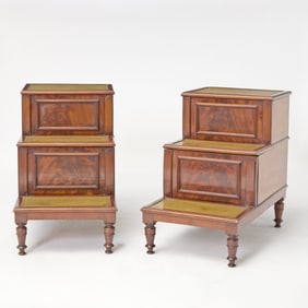 Pair of Regency Mahogany Gilt-Tooled Green Leather-Lined Library Steps