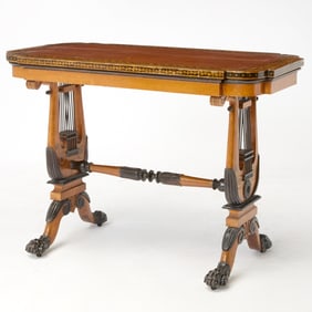 Regency Style Penwork and Parcel-Ebonized Maple Writing Table