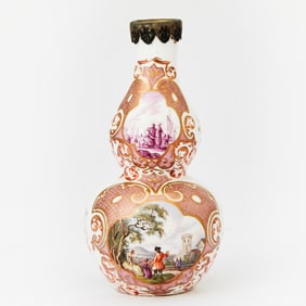 Meissen (outside-decorated) Small Silvered Metal-Mounted Double-Gourd Bottle Vase
