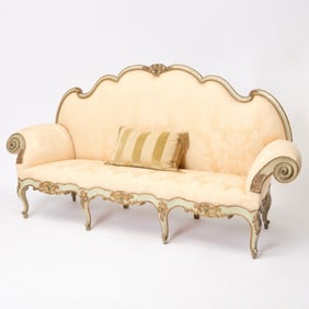 Large Italian Rococo Parcel-Gilt and Green Painted Upholstered Sofa