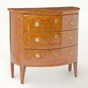 Italian Neoclassical Satinwood Inlaid Walnut and Tulipwood Demilune Commode