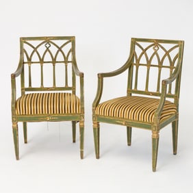 Pair of Italian Parcel-Gilt Green Painted Armchairs