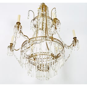 Baltic Neoclassical Cut-Glass Mounted Brass Nine-Light Chandelier