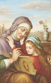 German Polychrome Painted Porcelain Plaque of St. Anne Instructing the Young Virgin Mary