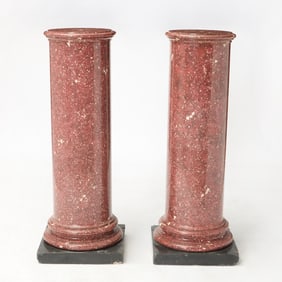 Pair of White-Mottled Red Marble Pedestals