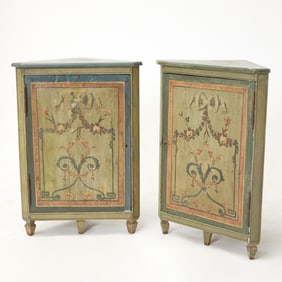 Pair of Italian Neoclassical Style Polychrome Painted Corner Cabinets