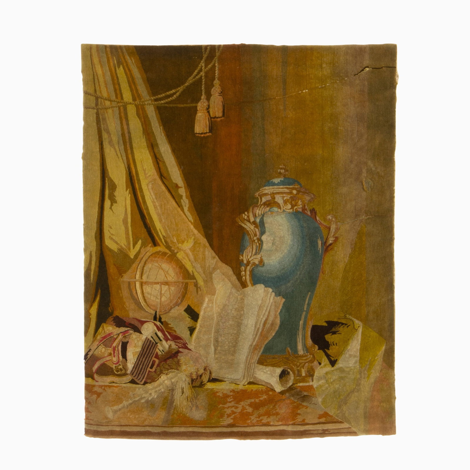 A Savonnerie hooked wool pile pictorial panel: Estate / Collection: The Dalva Brothers Collection Mid-18th century, France After a still-life painting by Henri-Horace Roland de la Porte (1724-1793), depicting a small globe, bellows and bagpipe, mu