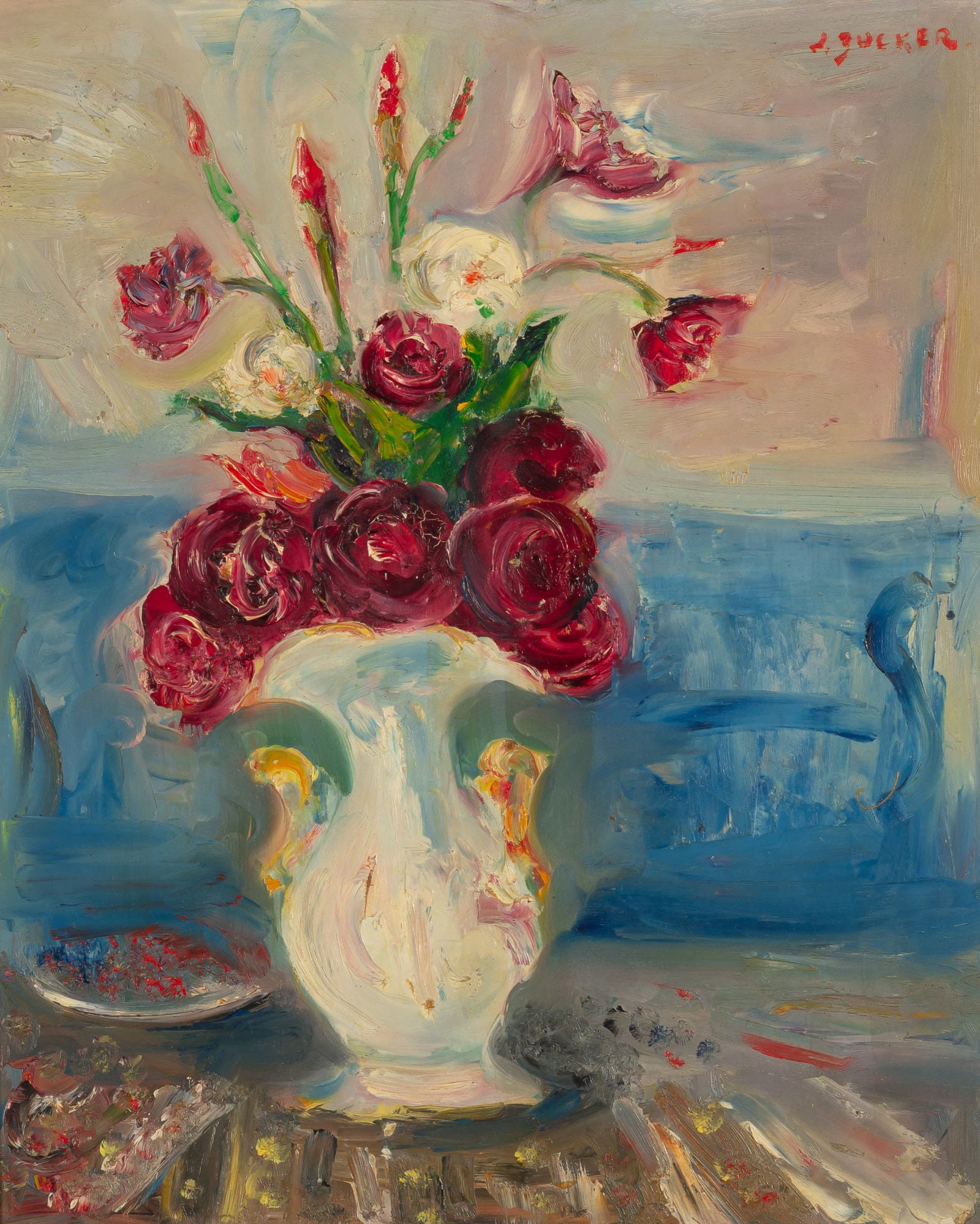 Jacques Zucker: American, 1900-1981Still Life with Flowers in a VaseSigned J. ZUCKER (ur)Oil on canvasboard18 1/4 x 15 inches (46.4 x 38.1 cm) (Framed 25 1/4 x 22 1/2