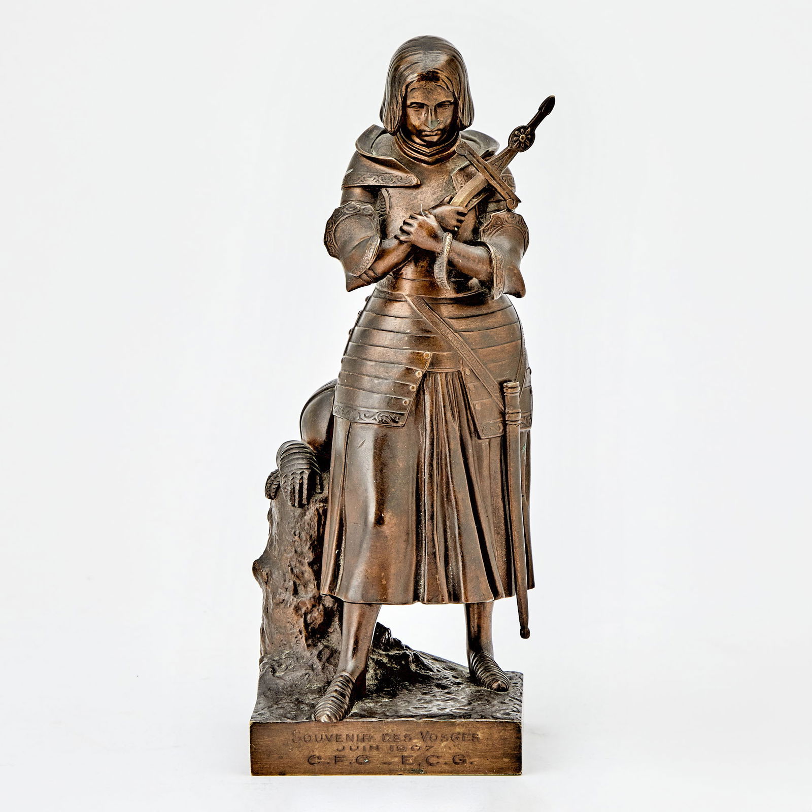 French Patinated Bronze Figure of Joan of Arc: After Marie Christine d'Orleans (French, 1813 - 1839), Susse Freres Foundry, Paris, Circa 1900 One side of the base inscribed Marie de Orleans, the front of the base inscribed Souvenir des Vosges Juin