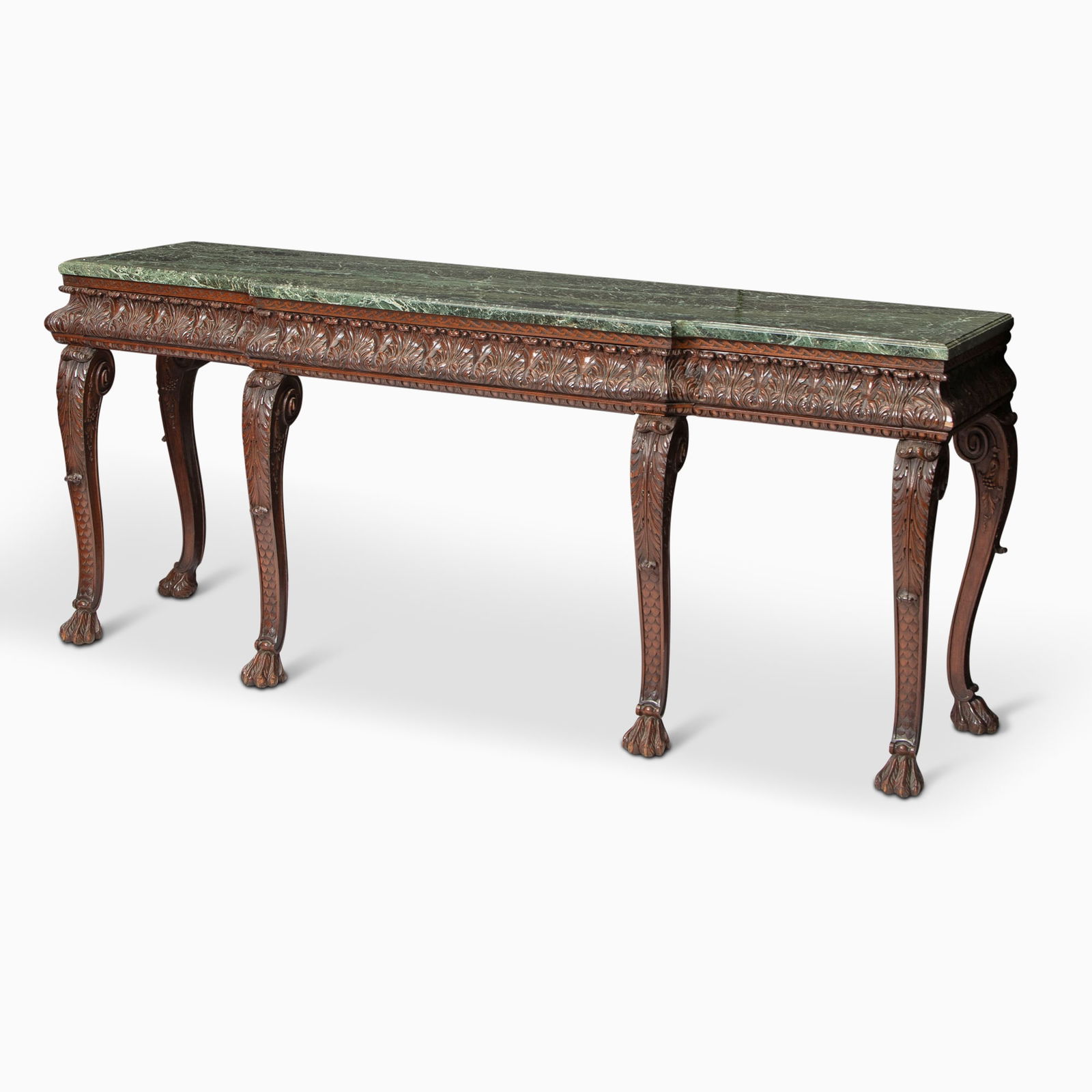 George III Style Marble Top Mahogany Breakfront Side Table: In the manner of William Kent, circa 1900 Height 36 1/2 inches, width 7 feet 2 inches, depth 23 inches.