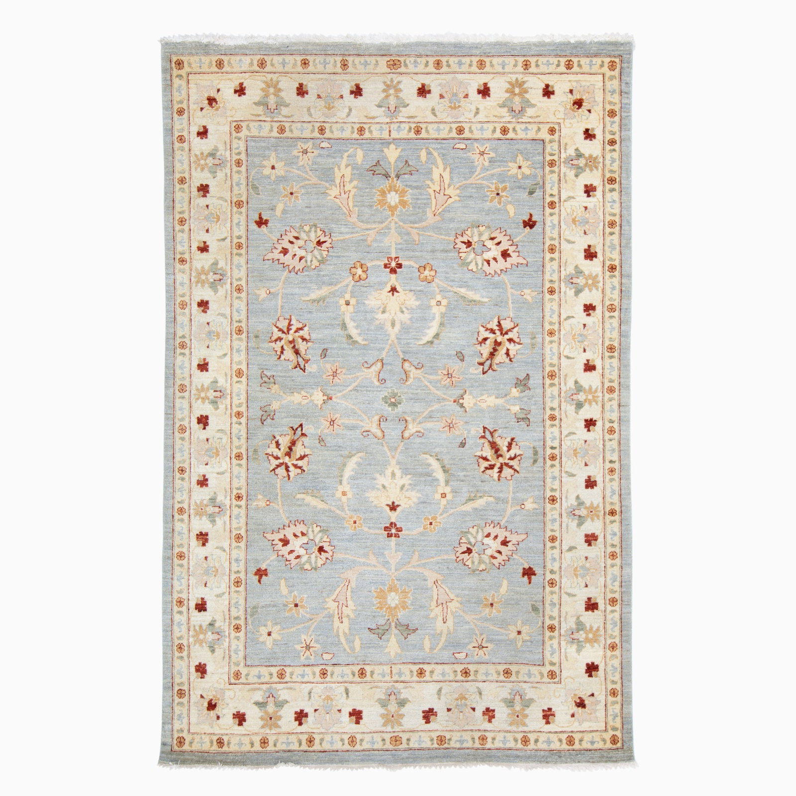 Indo-Oushak Carpet: India, Contemporary The allover patttern of polychrome floral vinery on the robin's egg blue field is within an ivory palmette and vine border. (9' 0" x 6' 0")