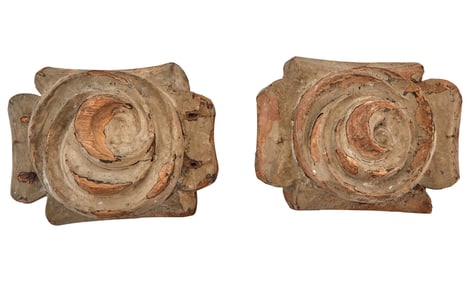 Two Carved and Gray-Painted Wood and Composition Rosettes