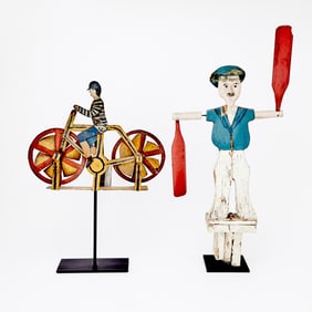 Painted Pine "Dewey Boy" Whirligig and a Painted Tin Bicycle and Rider Weathervane