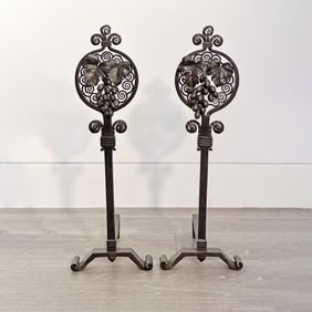 Pair of Edgar Brandt Wrought Iron Andirons