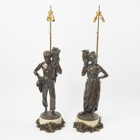 Pair of Patinated Bronze Figures on Marble and Bronze Stands