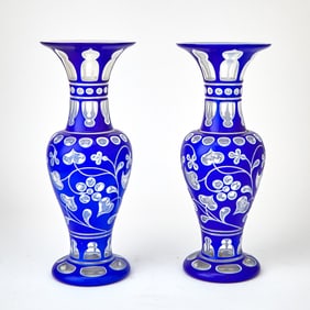 Pair of Cobalt Cased to White and Clear Cut Glass Vases