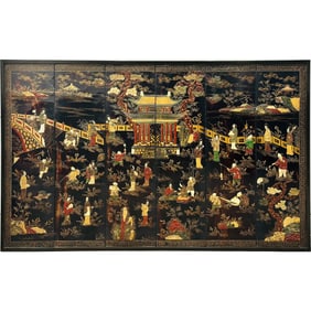Chinese Six-panel Gilt and Inlaid Black-lacquered Screen