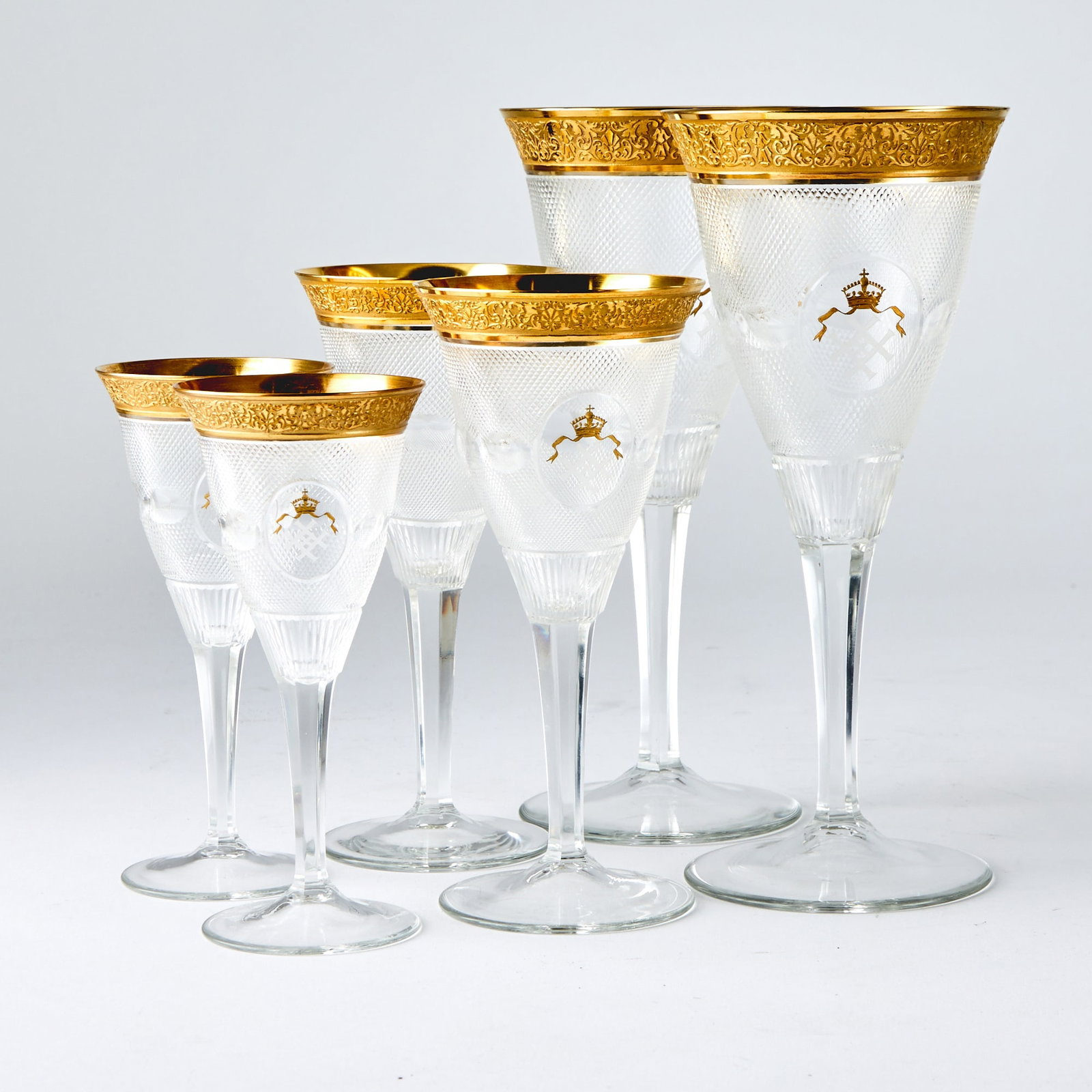 Moser Gilt-Decorated Glass "Splendid" Pattern Partial Stemware Service with Crests (1 of 4)