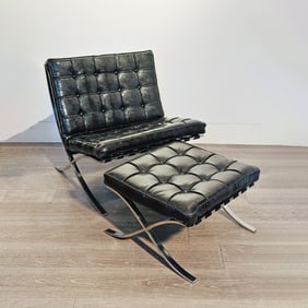Mies van der Rohe for Knoll Inc. Upholstered and Chromed Metal "Barcelona" Chair and Ottoman