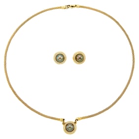Gold, Gray Tahitian Cultured Pearl and Diamond Pendant-Necklace and Pair of Earclips