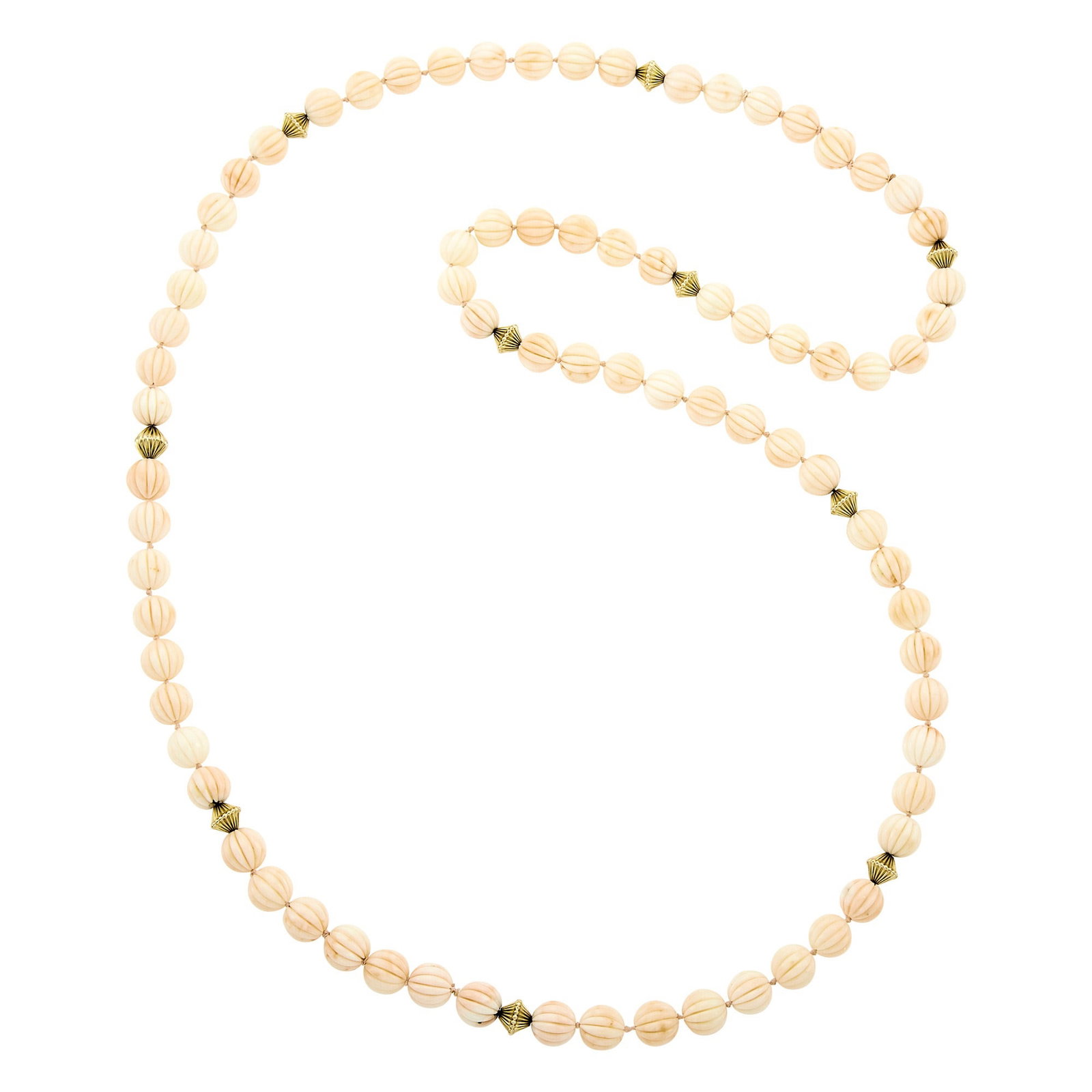 Long Carved Angel Skin Coral and Gold Bead Necklace (1 of 1)