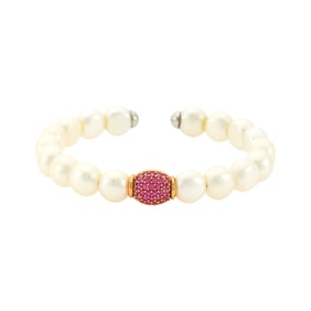 Rose Gold, Freshwater Pearl and Ruby Bangle Bracelet