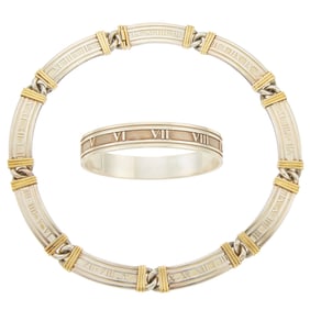 Tiffany & Co. Silver and Gold 'Atlas' Necklace and Bangle Bracelet
