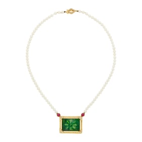 Gold, Cultured Pearl, Carved Jade, Cabochon Ruby and Diamond Pendant-Necklace