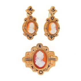 Pair of Low Karat Gold and Cameo Pendant-Earrings and Brooch