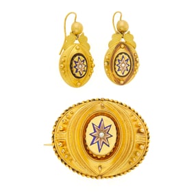 Antique Low Karat Gold, Blue Enamel and Split Pearl Brooch and Pair of Pendant-Earrings